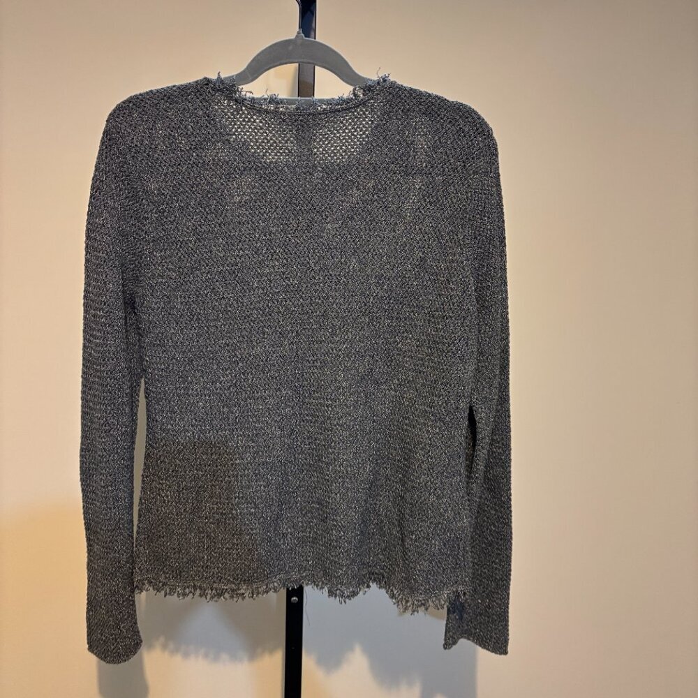 Eileen Fisher Linen Cotton Knit Snap Front Long Sleeve Fringe Cardigan Gray - Picture 6 of 8